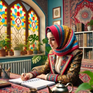 DALL·E 2024 12 31 10.30.25 A female family counselor in Iran sitting in a brightly lit office with traditional Persian patterns on the walls and furniture. The counselor is wea 1