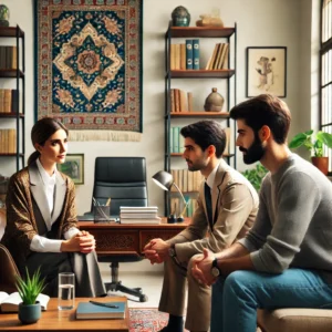 DALL·E 2025 01 30 19.20.16 A modern family counseling session in Iran. A professional Iranian counselor a woman in a modest yet professional outfit is sitting across from a co